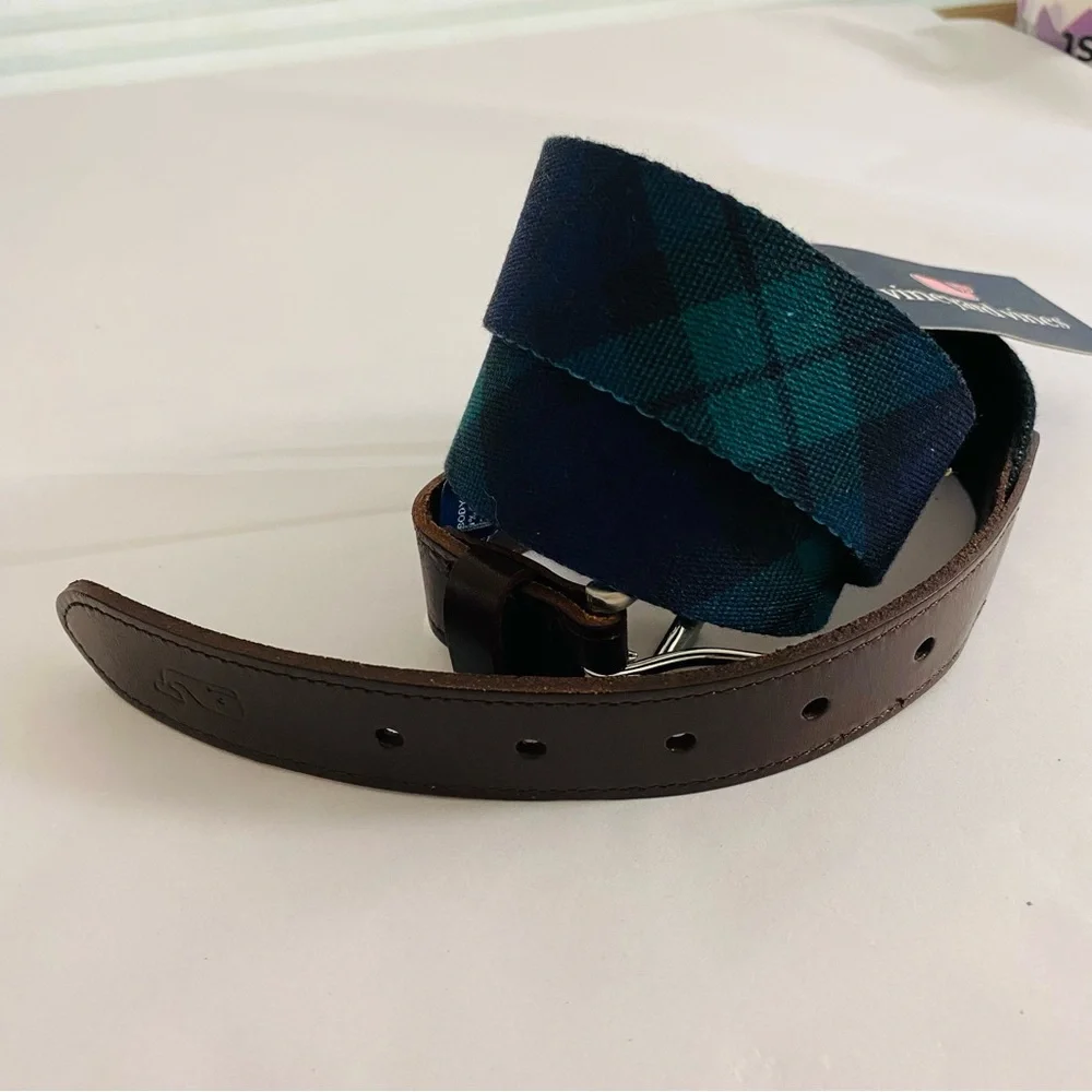 Men’s Vineyard Vines NWT Blackwatch Printed Club Blue‎ & Green Plaid Belt